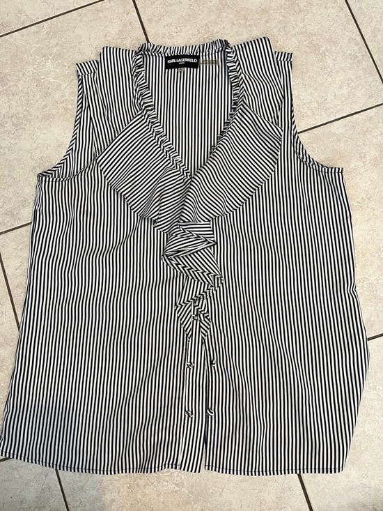 Karl Lagerfeld Tops - Karl Lagerfeld Black & White Vertical Stripe Ruffle Shell Blouse